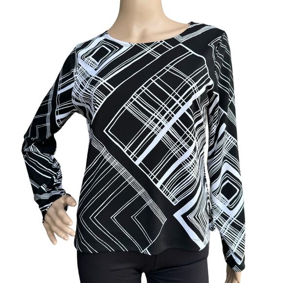 Francesca Rose Women Black White Geometric Long Sleeves Crew Neck Pullover Top S - Picture 1 of 5